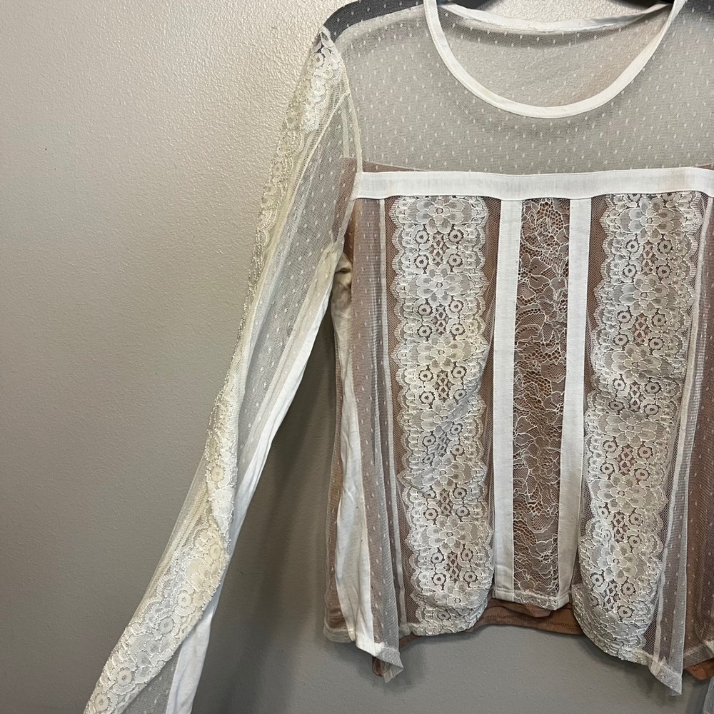BCBGMAXAZRIA Addyson Lace Mesh Long Sleeve Top Off White Size M UEX1U069-101 - Picture 2 of 7